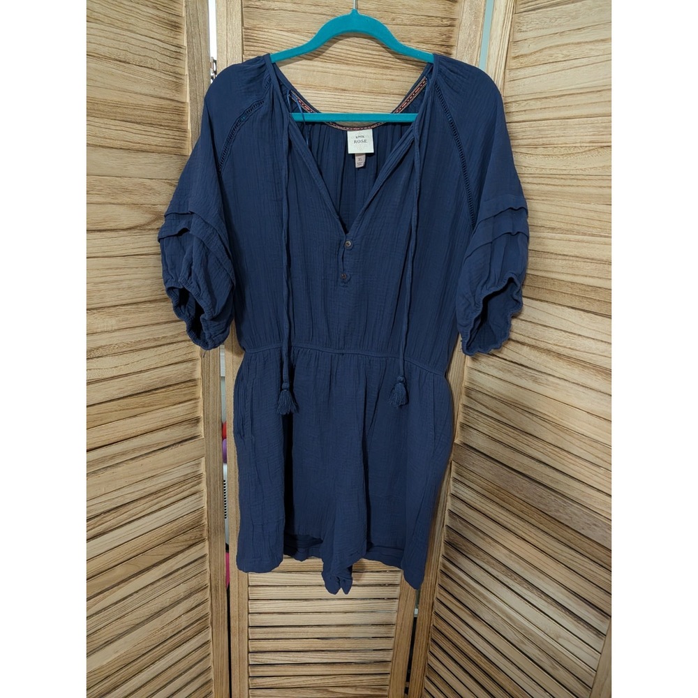 Knox Rose Womens Playsuit Jumpsuit Size XL Blue Gauze Pockets Elastic Waist Boho